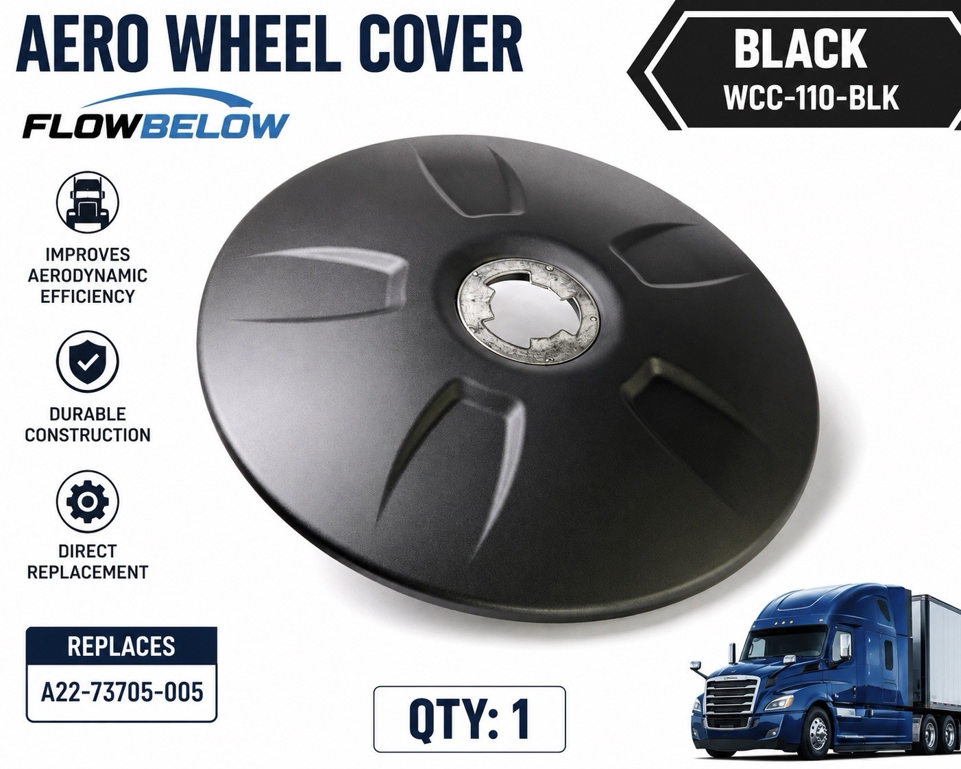 Aero Wheel Cover - FlowBelow - Black - WCC-110-BLK replacement for A22-73705-005