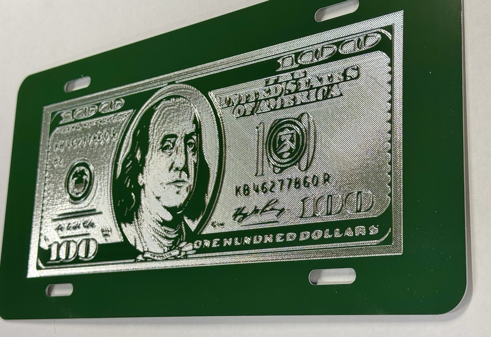 New Money 100 Hundred Dollar Bill Car Tag Diamond Etched Engraved License Plate
