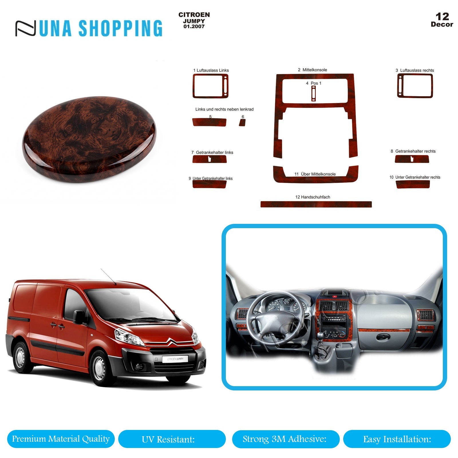 Citroen Jumpy 2007 +  pcs 12 Fit Interior Dash Trim Cover Kit Wood