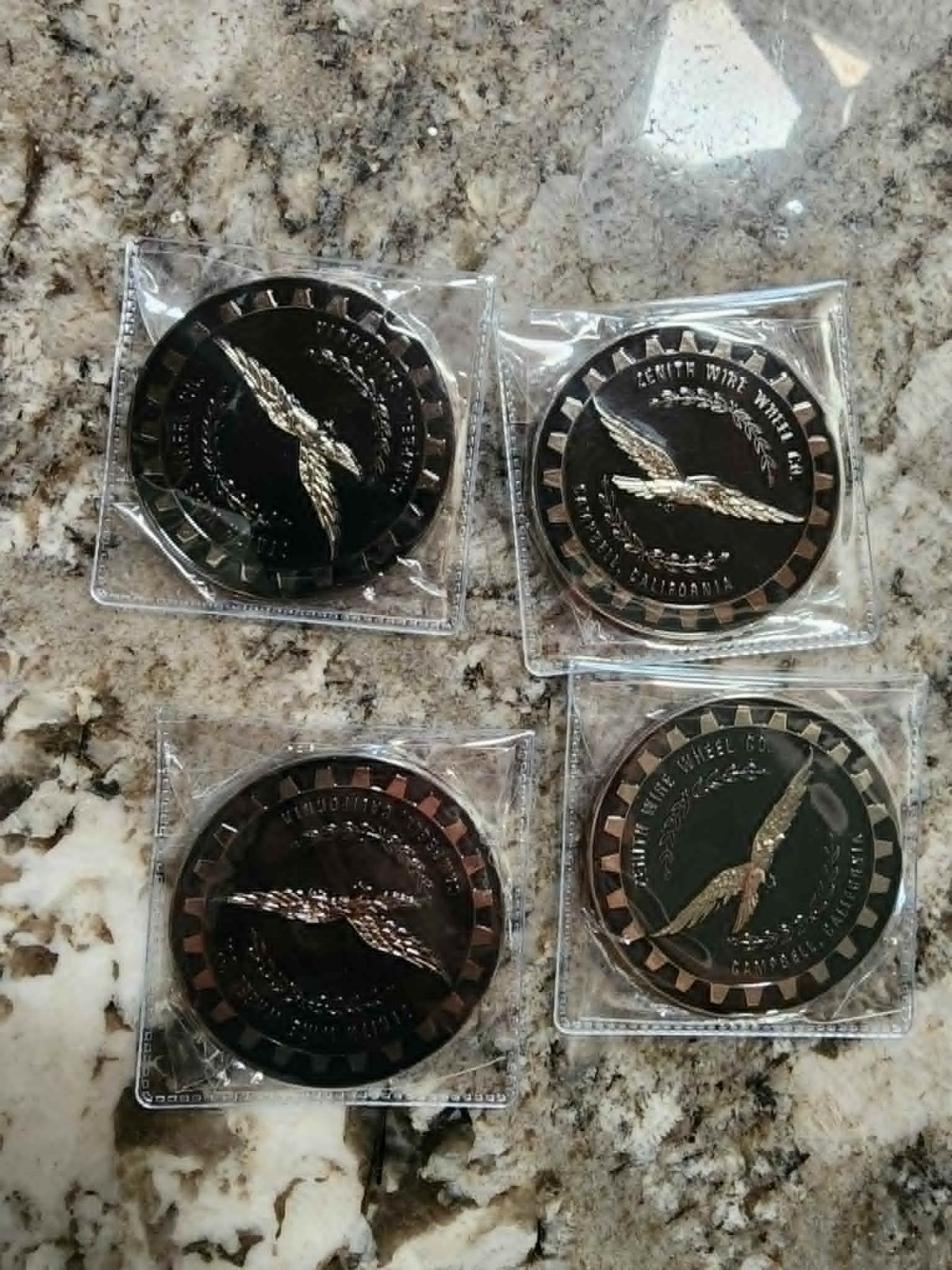 ZENITH EAGLE WIRE WHEEL KNOCK OFF METAL CHIPS CHROME & BLACK SET OF 4 ZENITH EAGLE WIRE WHEEL KNOCK OFF METAL CHIPS CHROME & BLACK SET OF 4