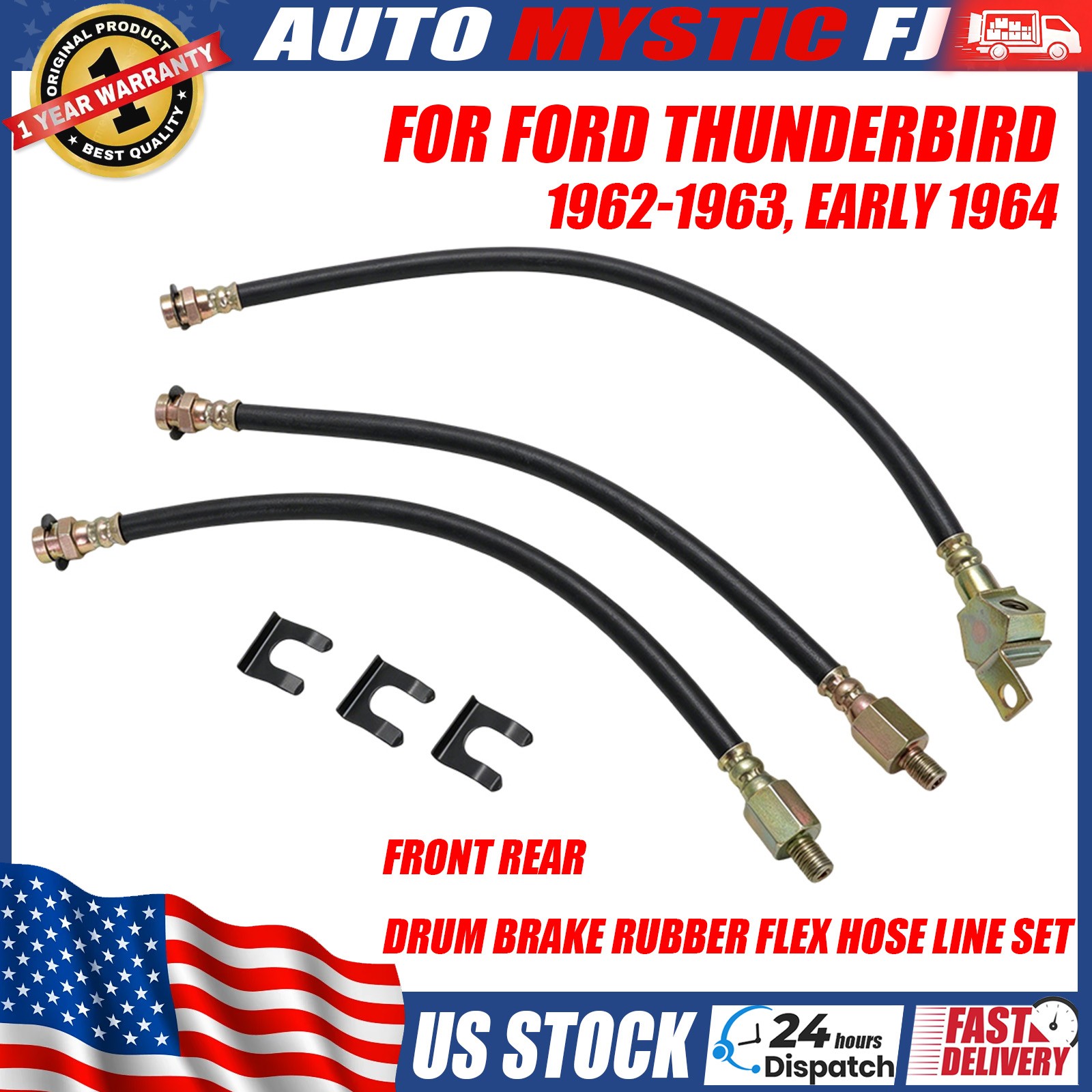 For 1962-1963 Early 1964 Ford Thunderbird Front Rear Drum Brake Rubber Hose Kit
