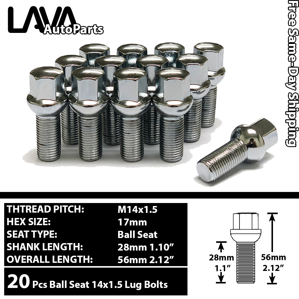 20 PCS CHROME 14X1.5 BALL SEAT LUG BOLT 28MM SHANK FIT PORSCHE STOCK WHEEL&MORE