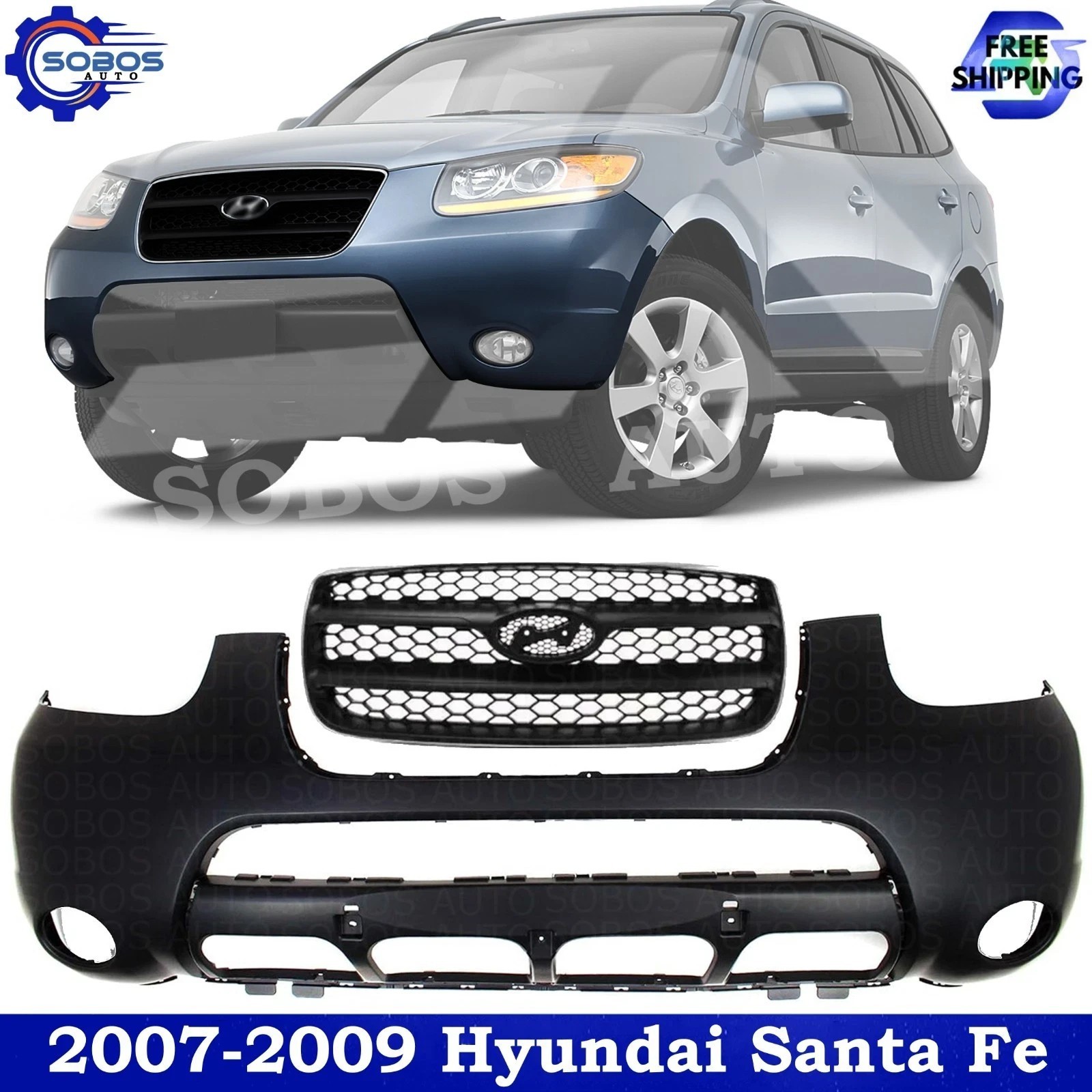 Front Bumper Cover Fascia & Grille Assembly Kit For 2007-2009 Hyundai Santa Fe